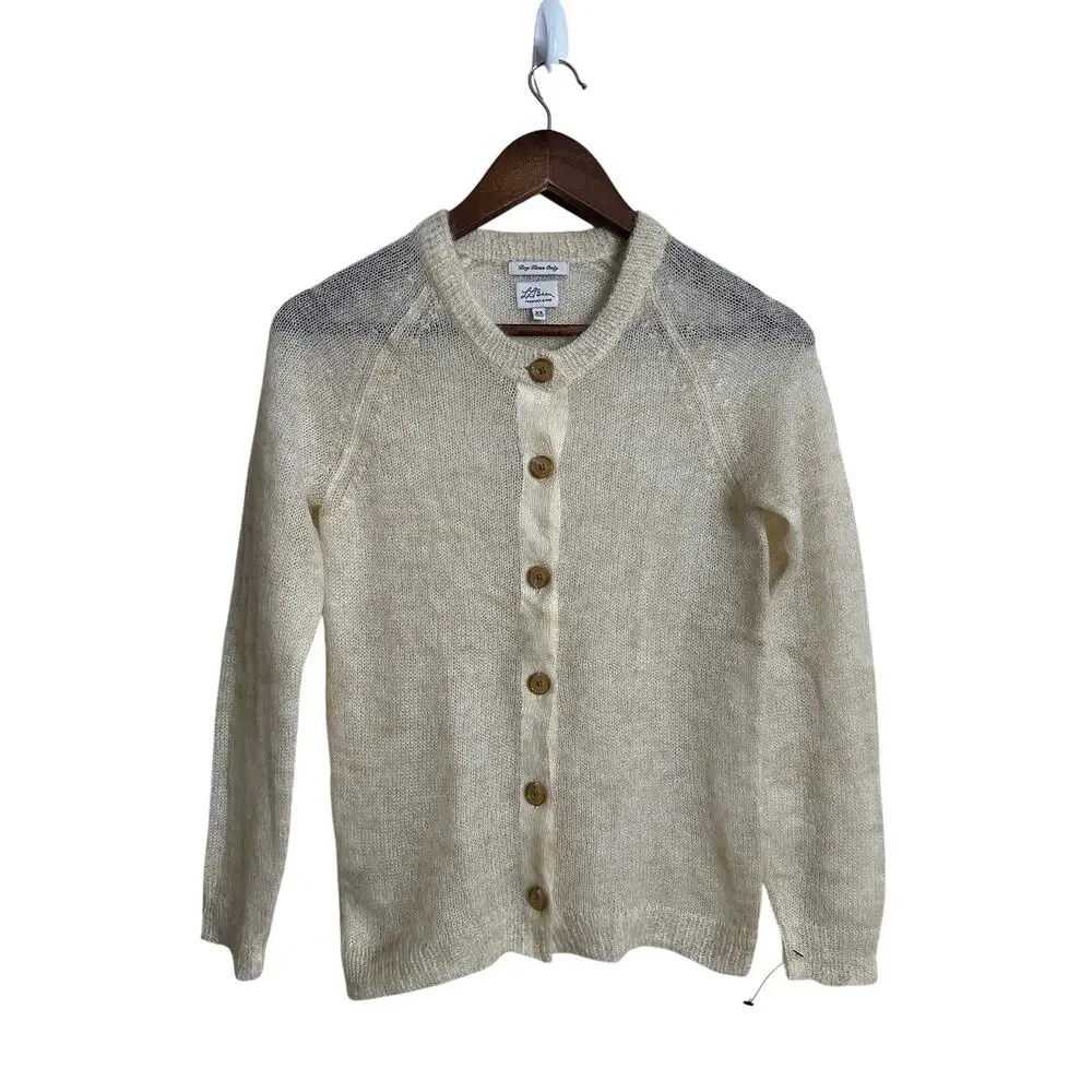L.L.Bean Mohair Cardigan Sweater Fuzzy Sheer Halo Knit Ivory Womans XS